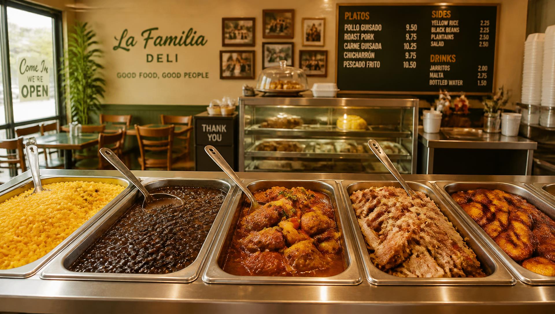 Hot food case at a Latin deli with yellow rice, beans, stewed chicken and plantains
