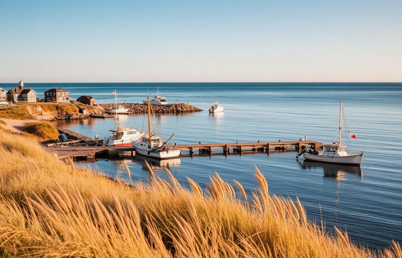 Montauk harbor with fishing boats and dune grass on a clear morning